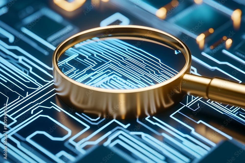 Poster Technology Magnifying Glass Focus on Circuitry Patterns and Microchip Layout : Generative AI