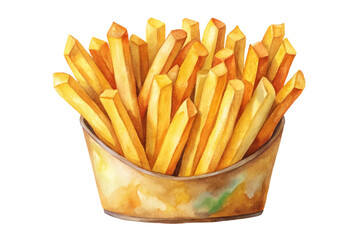 Crispy golden fries, watercolor illustration, fast food favorite, delicious snack, vibrant colors, appetizing presentation.