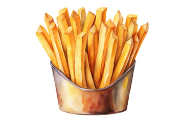Crispy golden fries, delicious fast food, served in a metal container, appetizing snack, vibrant watercolor style.