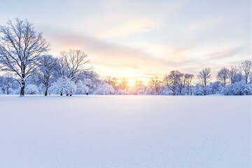 Obraz premium A serene winter landscape with trees covered in snow under a colorful sunrise sky, on a snowfield. Concept of peaceful winter scenery. Ai generative
