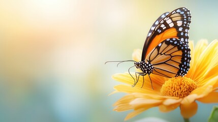 Fototapeta premium A butterfly sitting on top of a yellow flower