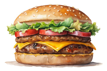 Watercolor burger illustration, juicy beef patties, fresh lettuce, ripe tomatoes, melted cheese, fast food art.