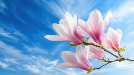 Fototapeta premium A branch of pink and white flowers against a blue sky