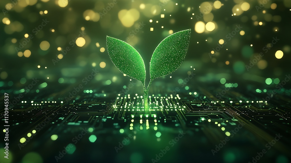 Poster innovative green energy symbolized by glowing leaf in high-tech abstract circuit design : generative