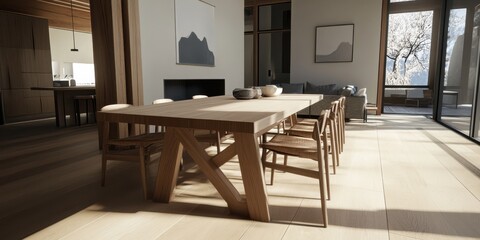 Sunlight floods a cozy room featuring a modern wooden dining table, elegant chairs, and minimalist decor, exuding warmth and serenity.