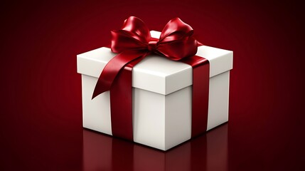 Obraz premium Minimalist white gift box with a red ribbon bow, placed on a dark red background with subtle shadows, ideal for seasonal themes.