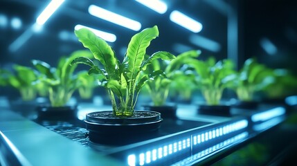 Modern Indoor Farming Several Green Plants Growing Under Blue LED Lights in a High-Tech Facility : Generative AI