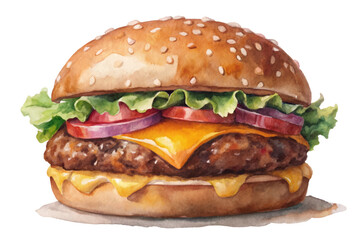 Watercolor burger illustration, delicious fast food, vibrant colors, fresh ingredients, appetizing design, culinary art.