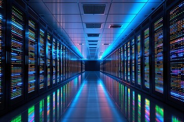 Modern data center hallway with glowing server racks, illuminated by blue and colorful lights, showcasing advanced technology and innovation. Ai generative
