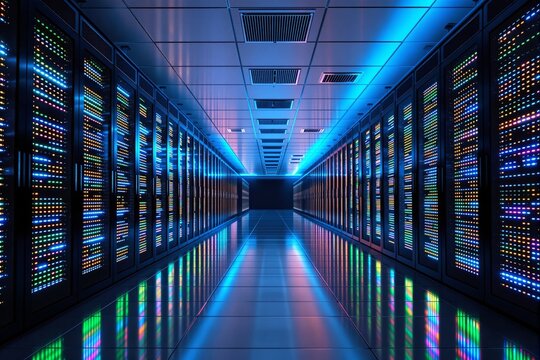 Modern data center hallway with glowing server racks, illuminated by blue and colorful lights, showcasing advanced technology and innovation. Ai generative