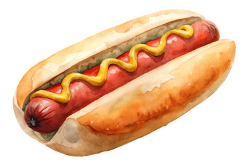Watercolor hot dog, classic street food, mustard topping, delicious snack, vibrant colors, food illustration.