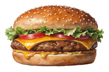 Realistic burger illustration, colorful food art, detailed textures, appetizing presentation, fast food concept.