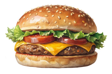 Watercolor burger illustration, sesame seed bun, fresh lettuce, ripe tomatoes, melted cheese, delicious fast food.