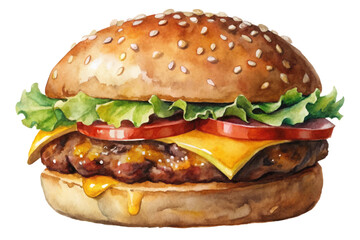 Watercolor hamburger illustration, fresh ingredients, vibrant colors, delicious fast food, culinary art, appetizing design.