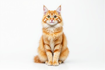 Ginger tabby cat with green eyes sits on white background, displaying its fluffy fur and attentive expression. Concept of feline beauty and pets. Ai generative