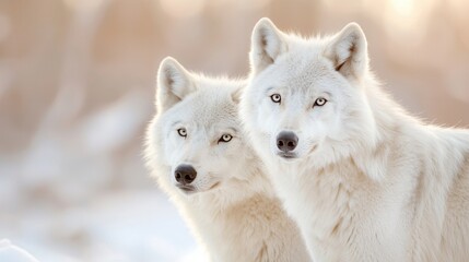 Fototapeta premium Two white wolves standing next to each other in the snow
