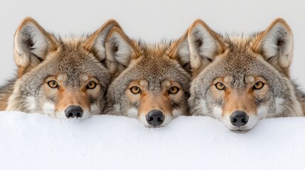 Fototapeta premium Three coyotes peeking over a wall in the snow