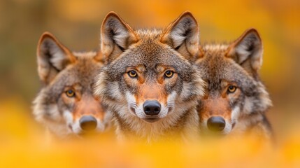 Obraz premium A group of three wolves standing next to each other