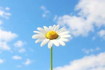 A single daisy flower against a bright blue sky with fluffy clouds.