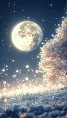 Naklejka premium Winter Wonderland, Snow-covered Landscape Under Full Moon, Tranquil, Magical Atmosphere