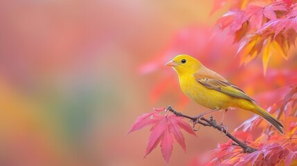A small yellow bird perched on a branch of a tree