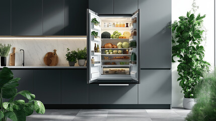 Modern kitchen design with open refrigerator filled with fresh vegetables and plants