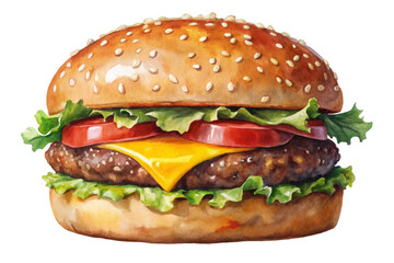 Delicious cheeseburger with lettuce, tomato, and sesame bun, vibrant watercolor style, food illustration.