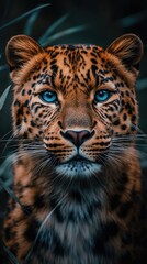 Fototapeta premium A close-up of a leopard with striking blue eyes, showcasing its vibrant fur and features.
