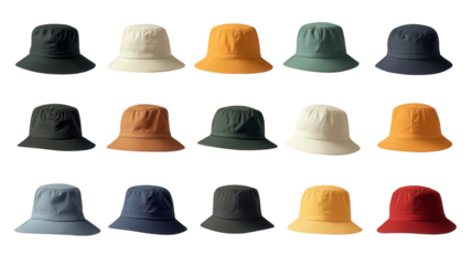 Diverse Collection of Stylish Bucket Hats in Various Colors Perfect for Outdoor Activities and Fashionable Looks.