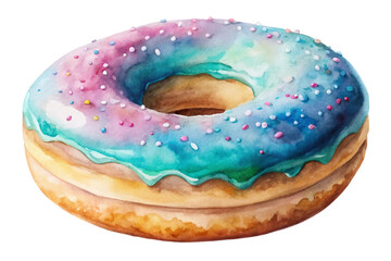 Colorful watercolor donut, vibrant icing, sweet dessert, artistic food illustration, playful design, bakery concept.