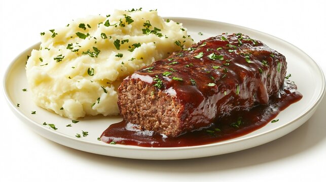 A winter comfort food plate featuring meatloaf with mashed potatoes, isolated on a snowy white surface