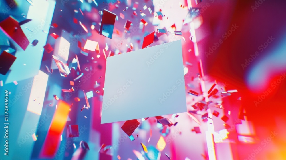 Poster Abstract background with a central blank square surrounded by colorful, dynamic fragments.