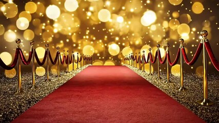 Red carpet entrance with gold stanchions and shimmering golden background.