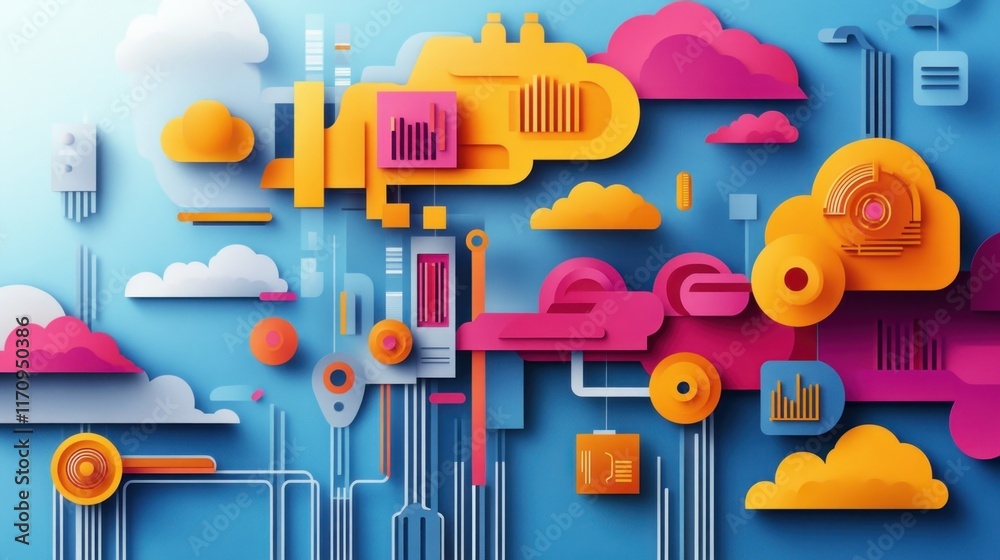Fototapete Abstract colorful cloud computing network design.