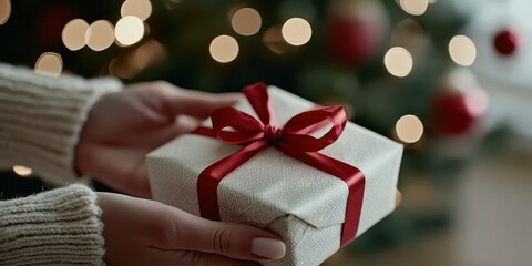 A gift wrapped in elegant paper and a red bow is offered, embodying the spirit of giving amid a cozy holiday backdrop.