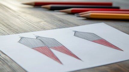 Colorful Sketch of Geometric Earrings on Wooden Table Surface