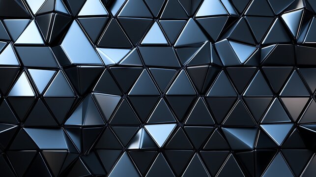 Geometric 3D wall pattern of triangular tiles on a sleek dark background, rendered for a modern high-tech aesthetic.