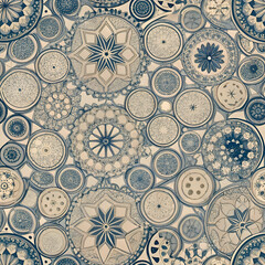 A delicate pattern of intricate blue and cream floral designs.