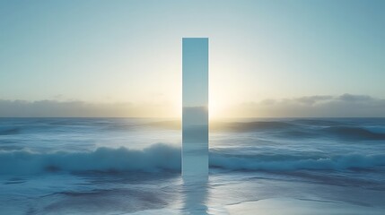Tall Blue Monolith Stands in Ocean Sunset