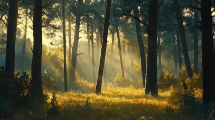 Sunlight Streams Through Trees in Serene Forest Landscape