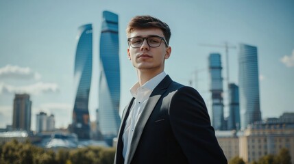 Young businessman in suit, glasses, city background.