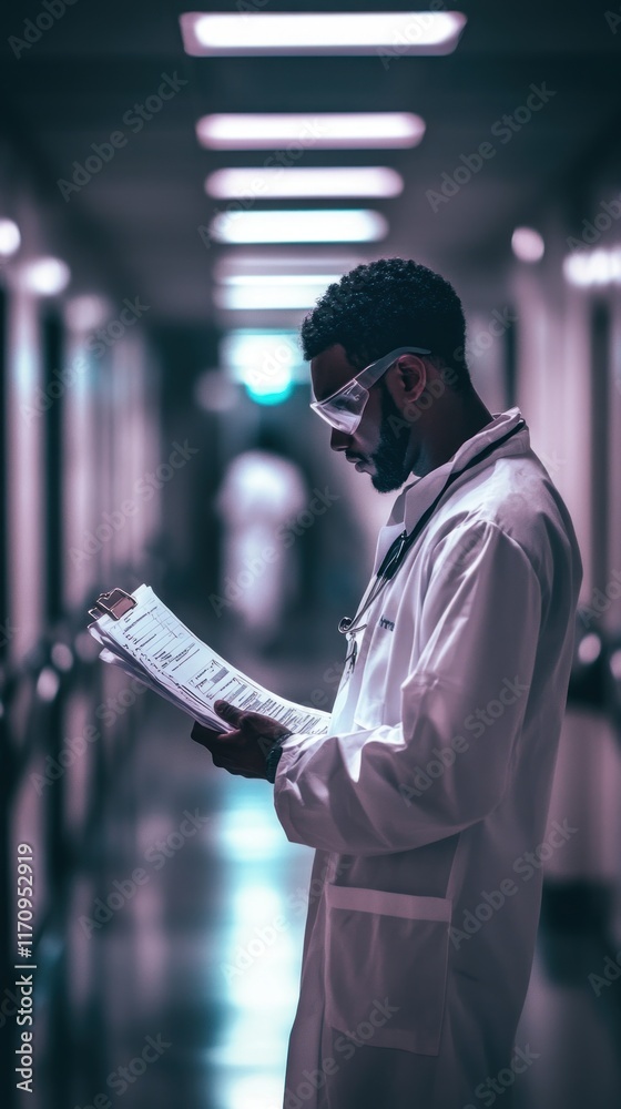 Aufkleber a scientist reviews documents in a modern laboratory hallway.