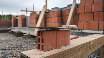 A single brick with a trowel on a construction site