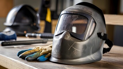 Fototapeta premium A welders mask propped on a wooden table