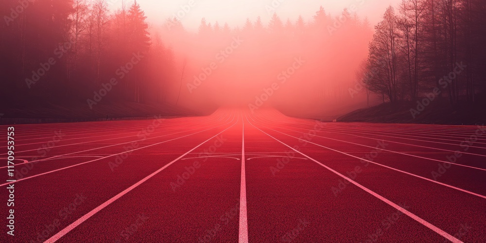 Poster Red running track disappearing into a foggy forest at dawn.