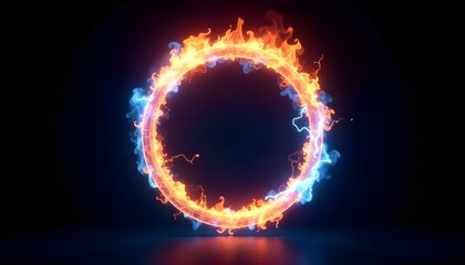 Fototapeta premium Fiery ring burning with intense orange and yellow flames on a black backdrop