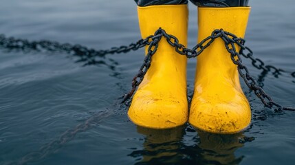 Obraz premium A pair of yellow rubber boots with chains attached to them