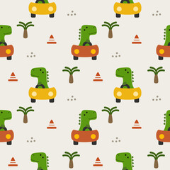 Obraz premium Dinosaur drive car cartoon so cute. On tree traffic cone background. Pattern seamless vector illustration. 