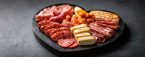 heart shaped charcuterie board filled with assorted meats and snacks