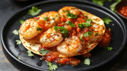 Fototapeta premium A golden shrimp quesadilla with a crispy crust, isolated on a matte black plate with a drizzle of spicy salsa and a sprinkle of fresh cilantro
